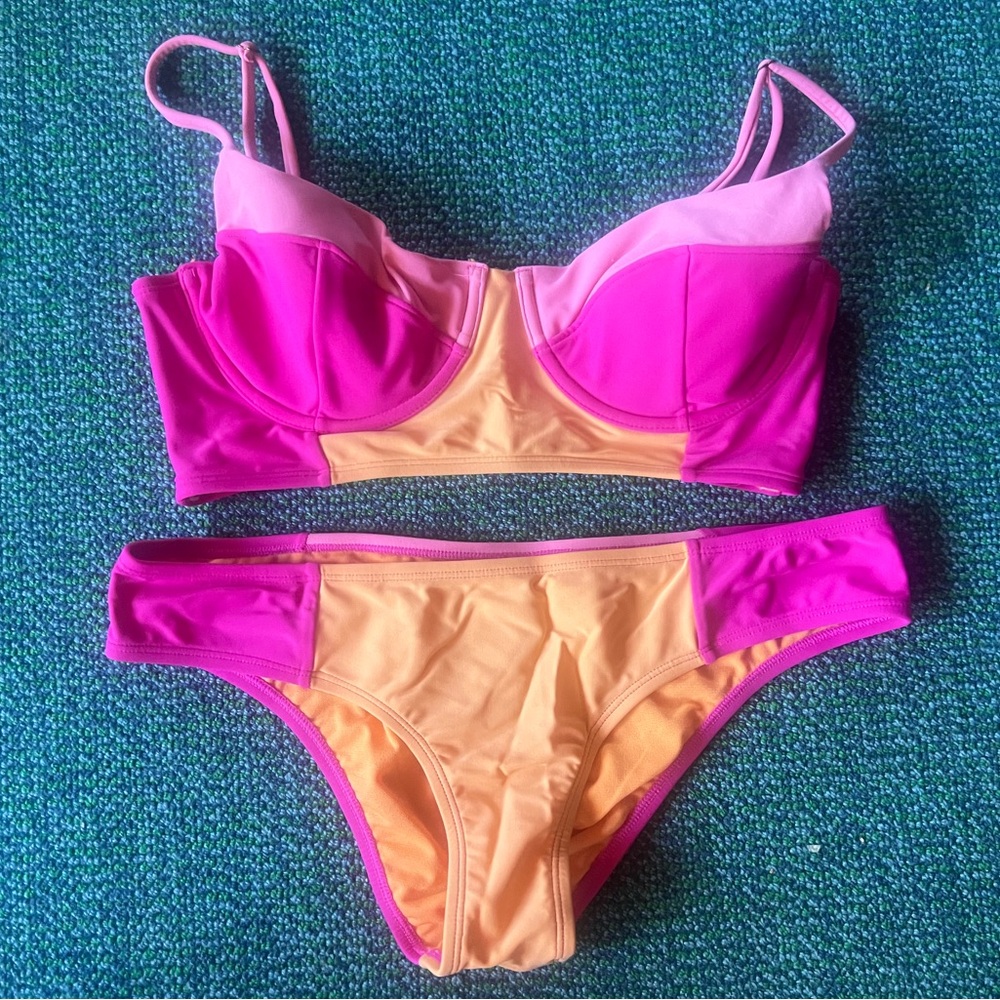 Roxy Pink and Peach Colorblock Bikini Set